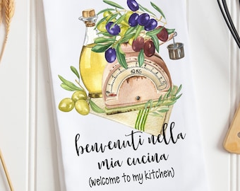 Italian Kitchen Towel, Olive Scale Print, Welcome to my Kitchen