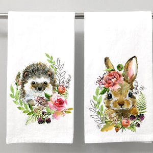 Hedgehog, Bunny, and Other Animals Floral Bathroom Hand Towel, Nursery Décor, Bathroom Towels, Floral Hand Towels, Bathroom Décor,