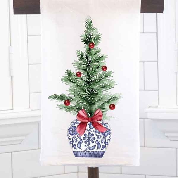 Chinoiserie Christmas Kitchen Towel, Rustic Tree Merry Christmas Tea Towel, Woodland Christmas Kitchen Decor, Christmas Chinoiserie