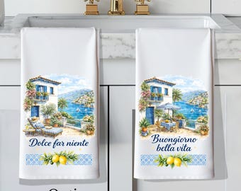 Italienisches Zitronen Geschirrtuch, mediterranes Geschirrtuch, italienisches Dekor, Dolce Far Niente, Küstenküche mit blauen Fliesen