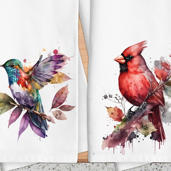 Hummingbird or Cardinal Tea Towel, Watercolor Bird Decorative Hand Towel, Kitchen Towels, Bathroom Towels, Hostess Gifts, Floral Hand Towels