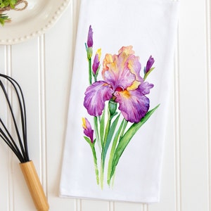 Floral Kitchen Towel, Purple Iris Tea Towel, Bathroom Hand Towel, Housewarming Gift, Floral Home Decor, Purple Flowers, Floral Iris Towels