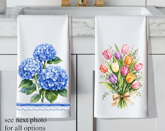 Summer Floral Kitchen Towel - Tulips, Hydrangeas & Daffodils Design