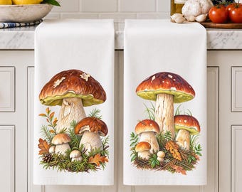 Set of Fall Mushroom Tea Towels, Wild Mushrooms, Kitchen Gift, Home Decor