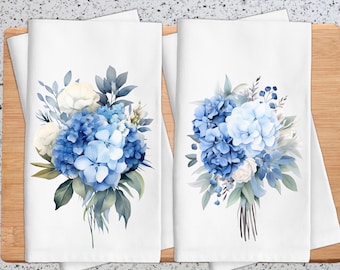 Blue Hydrangea Kitchen Towel Set: Floral Cotton Tea Towels
