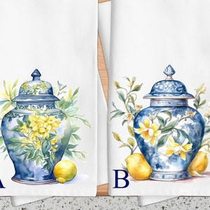 Lemon Kitchen Towel, Lemon Chinoiserie Vase Tea Towel, Yellow Lemon Kitchen Decor, Fruit Towel, Small Gift, Chinoiserie Decor