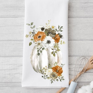 Fall Kitchen Towel, Hello Fall Tea Towel, Floral White Pumpkin Kitchen Decor, Flour Sack Towel, Fall Kitchen Decor, Hostess Gift