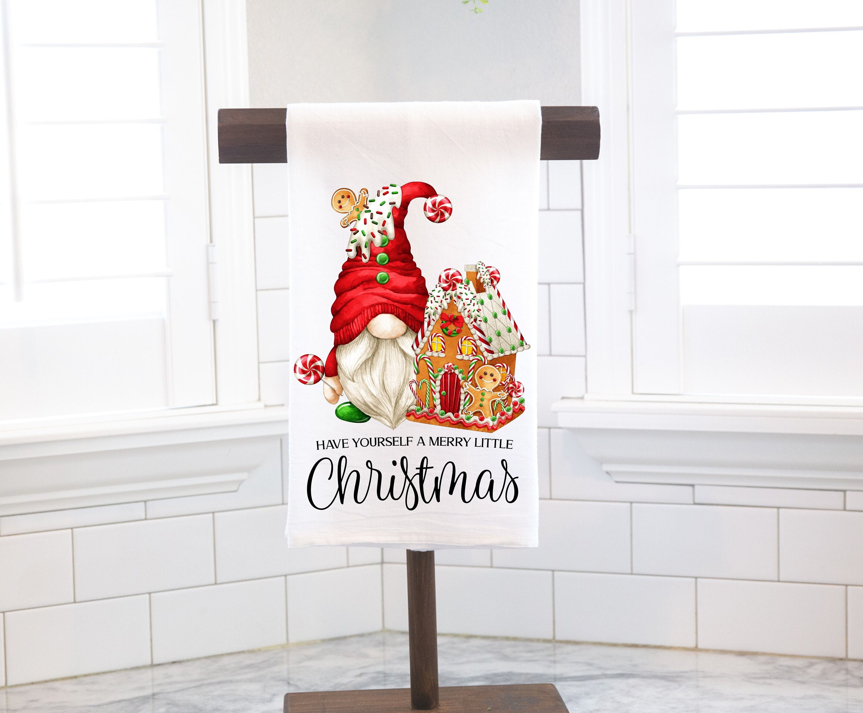 Christmas Kitchen Towel Christmas Gnome and Gingerbread House Etsy