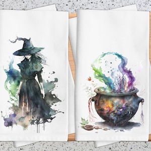 Halloween Dish Towels, Witches and Caldrons, Party Gifts, Party Favors, Halloween Kitchen Decor, Orange and Black