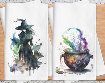Halloween Dish Towel: Witches and Cauldrons, Orange & Black Cotton