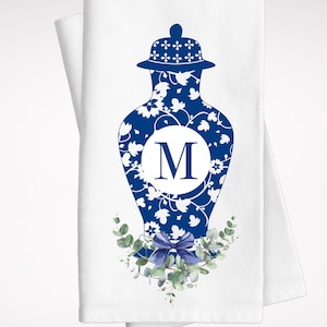 Chinoiserie Küchentuch, Monogramm Blau und Weiß Chinoiserie Ginger Jar Geschirrtuch, Chinoiserie Decor, Küchengeschenke, personalisiertes Geschenk