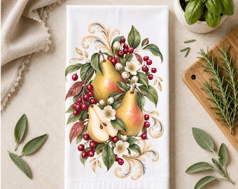 Vintage Naturalist Kitchen Towel | Botanical Pears and Cranberries Tea Towel | Cottage  Decor | Farmhouse Kitchen Gift | Christmas Gift
