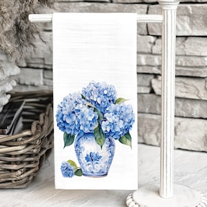 Blue Chinoiserie Tea Towel, Blue Hydrangea Kitchen Decor, Hand Towel, Kitchen Gift, New Home Gift, Blue Kitchen Floral Decor