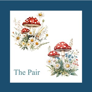 Op de afbeelding: Twee rode en witte paddenstoelen met witte stippen, omringd door witte madeliefjes en groen gebladerte. De tekst "The Pair" staat onder de paddenstoelen.