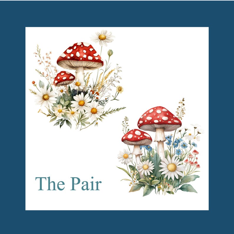 Op de afbeelding: Twee rode en witte paddenstoelen met witte stippen, omringd door witte madeliefjes en groen gebladerte. De tekst "The Pair" staat onder de paddenstoelen.