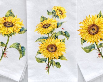 Sunflowers and Laydybugs Kitchen Towel Set, Sunflower Tea Towels, Sunflower Hand Towel, Sunflower and Ladybug Kitchen Decor, Bridal