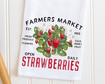 Strawberry Kitchen Tea Towel, Strawberry Flour Sack Farmhouse Towel, Summer Strawberry Kitchen Decor, Fruit Towel, Red Berries