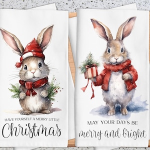 Christmas Bunnies Kitchen Towel, Merry and Bright Kitchen Decor, Christmas Cottage Core, Kitchen Gift, Secret Santa Gift