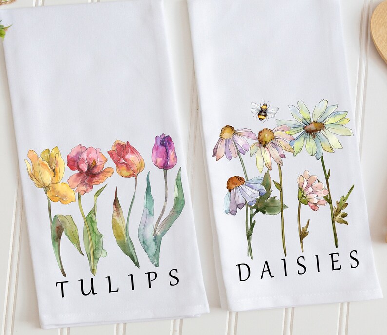 Spring Daisy and Tulip Floral Tea Towel Set Hand Towels Tea Etsy