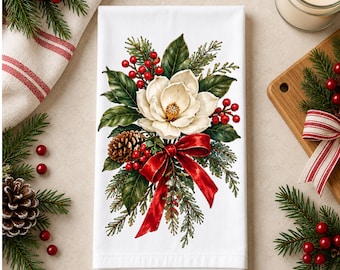 Vintage keukendoek met natuurmotief | Botanische magnolia's en hulst, theedoek | Landelijke decoratie | Cadeau voor een boerderijkeuken | Kerst