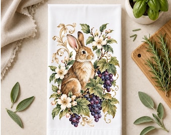 Vintage Naturalist Kitchen Towel | Botanical Rabbit and Grapes Tea Towel | Cottage  Decor | Farmhouse Kitchen Gift | Christmas Gift