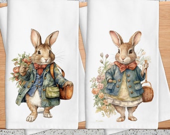 Bunny Tea Towel Set: Vintage Rabbit, Easter Kitchen Decor