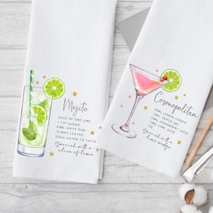 Cocktail Recipe Kitchen Tea Towels, Cosmos, Pina Colada, Mojitos, Funny Girlfriend Gifts, Party or Shower Favors, Bar Decor, Cocktails