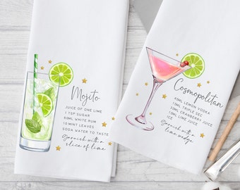 Cocktail Recipe Kitchen Tea Towels, Cosmos, Pina Colada, Mojitos, Funny Girlfriend Gifts, Party or Shower Favors, Bar Decor, Cocktails