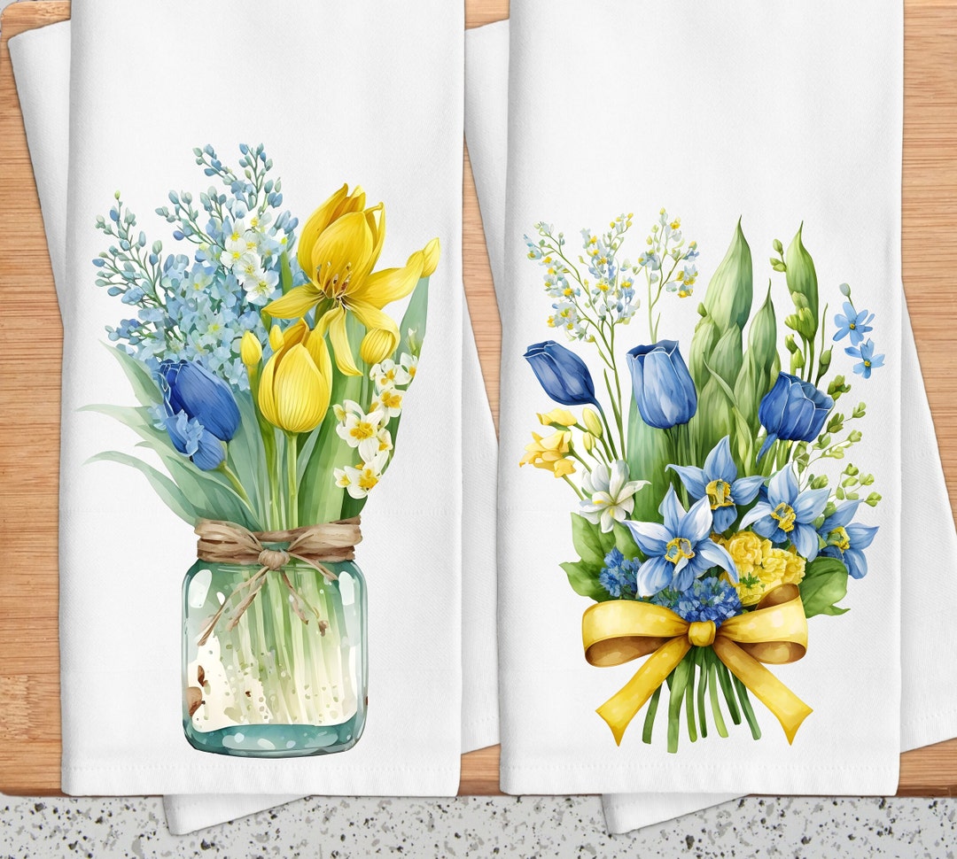 Blue Yellow Tulips, Spring Floral Dish Towel Set, Floral Towels, Blue ...