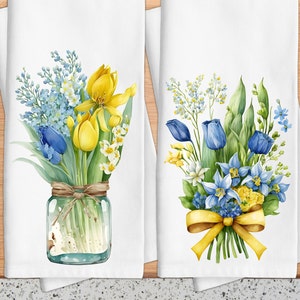 Blue Yellow Tulips, Spring Floral Dish Towel Set, Floral Towels, Blue/Violet Yellow Spring Kitchen, Mother&#39;s Day Gift, New Home