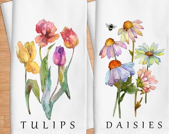 Daisy and Tulip Floral Tea Towel Set, Spring Kitchen Decor