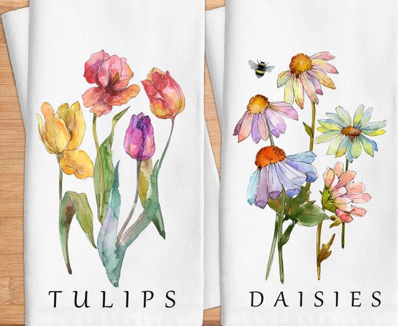 Spring Daisy and Tulip Floral Tea Towels, Hand Towels, Tea Towel Set,  Floral Dish Towels, Daisies, Floral Kitchen Décor, Floral Tea Towel 