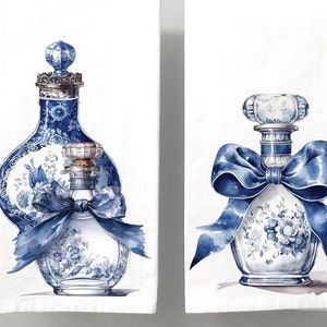 Blue Delft Bathroom Hand/Fingertip Towel Set, Vintage Perfume Bottles, Floral Bathroom Hand Towels, Guest Bath Towels, Huck Towel,Hem Stitch