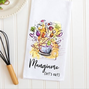 Italiaanse keukenhanddoek, Mangiamo, Let&#39;s Eat, Italiaans keukendecor, Italiano, Cook&#39;s Gift, kookcadeaus, keukendecor, Italië