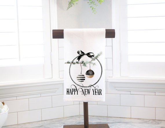 New Year Kitchen Towel Black and Gold Happy New Years New Year Kitchen Towel New Year Dish Towel Hostess Gift Holiday Kitchen Towel Etsy UK