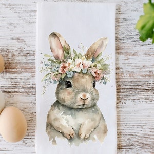 Adorable torchon lapin de Pâques, torchon lapin avec couronne de fleurs, décoration de cuisine de Pâques, torchons de cuisine décoratifs de ferme, Pâques