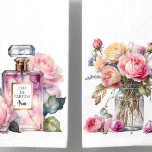 Bathroom Hand Towel Set, Vintage Roses and Perfume Bottles, Floral Bathroom Hand Towels, Guest Bath Towels, Hem Stitched Birds Eye Weave