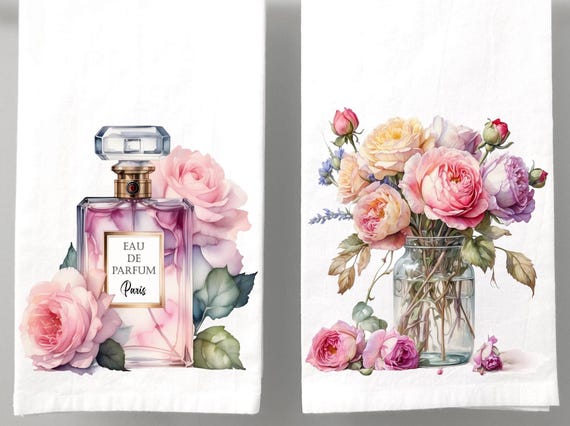 Bathroom Hand Towel Set, Vintage Roses and Perfume Bottles, Floral Bathroom Hand Towels, Guest Bath Towels, Hem Stitched Birds Eye Weave