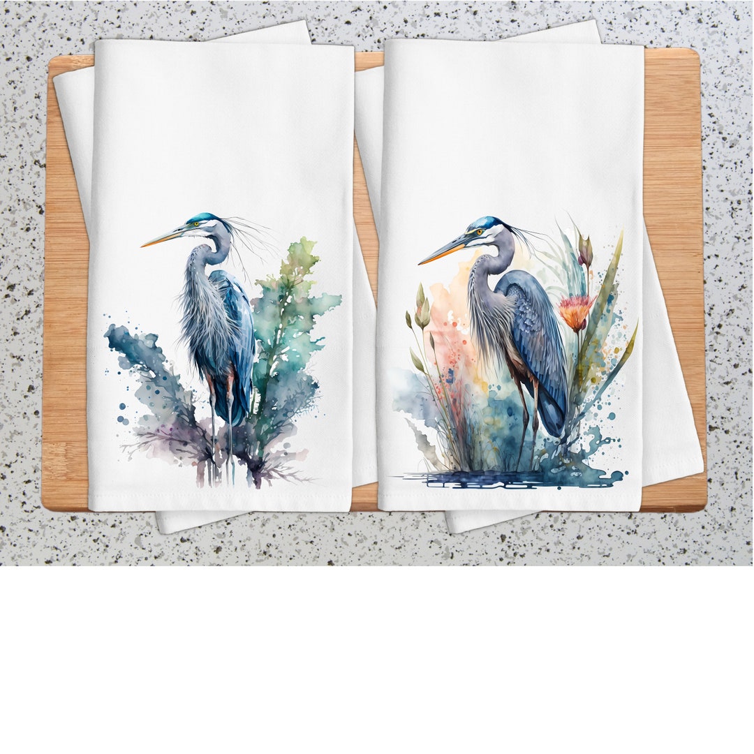 Blue Heron Tea Towels, Island Life Decor, Blue Heron Kitchen Towels, Heron Dish Towels, Bird