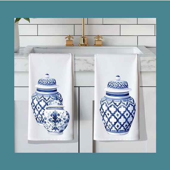 Blue Chinoiserie Ginger Jar Kitchen Towel - Elegant Hostess Gift