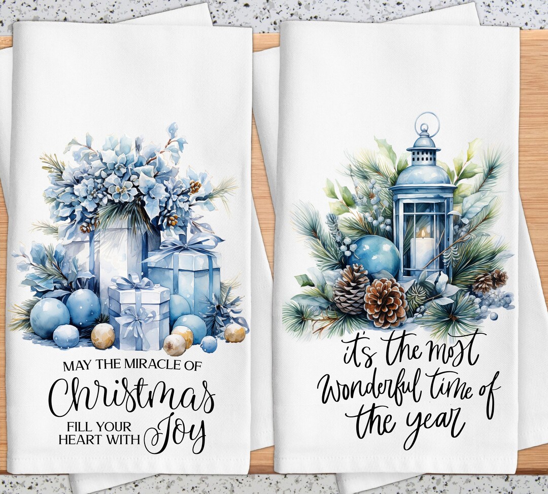 Blue Christmas Kitchen Towel, Blue Floral and Greenery Holiday Kitchen