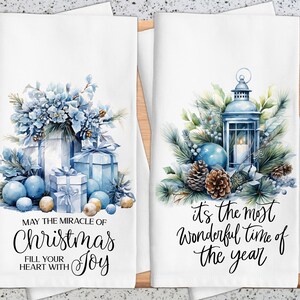 Blue Christmas Kitchen Towel, Blue Floral and Greenery Holiday Kitchen Gifts, Christmas Kitchen Decor, Christmas Cottage Core image 1