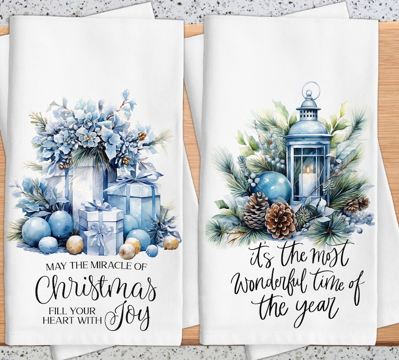 Blue Christmas Kitchen Towel, Blue Floral and Greenery Holiday Kitchen Gifts, Christmas Kitchen Decor, Christmas Cottage Core image 1