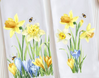 Daffodils and Bumble Bees Cotton Tea Towel Set, Spring Kitchen Decor