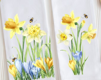 Daffodils and Bumble Bees, Spring Floral Dish Towel Set, Floral Tea Towels, Spring Kitchen, Mother's Day Gift, New Home Gift