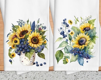 Sunflower and Berries Kitchen Tea Towel, Sunflower Kitchen Towels, Blue Berry Decorative Dish Towels, Hostess Gift, Housewarming Gift