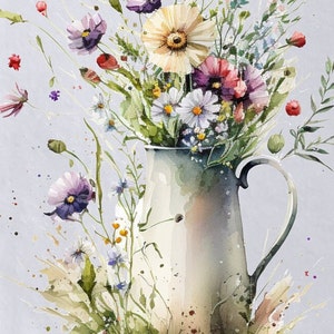 May include: A watercolour painting of a white ceramic jug filled with a bouquet of wildflowers. The flowers are in shades of purple, pink, yellow, and white. The jug is sitting on a light grey background.