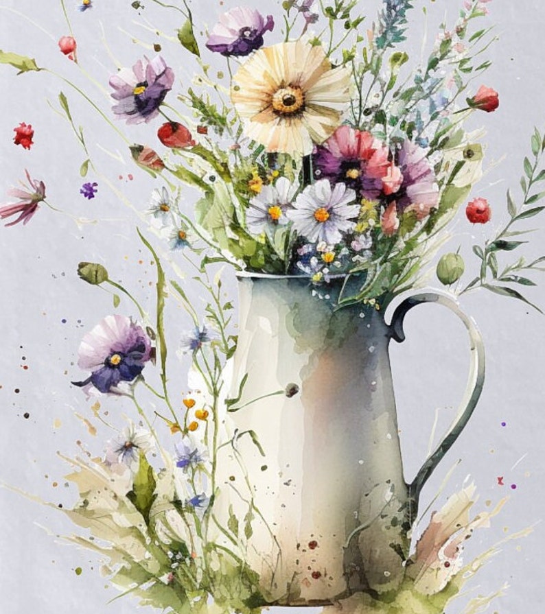 May include: A watercolour painting of a white ceramic jug filled with a bouquet of wildflowers. The flowers are in shades of purple, pink, yellow, and white. The jug is sitting on a light grey background.