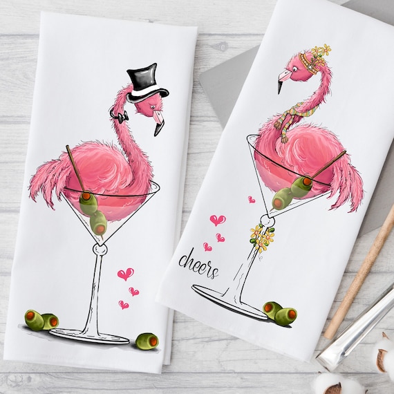 Funny Flamingo Kitchen Tea Towels, Flamingos and Cocktails, Fancy