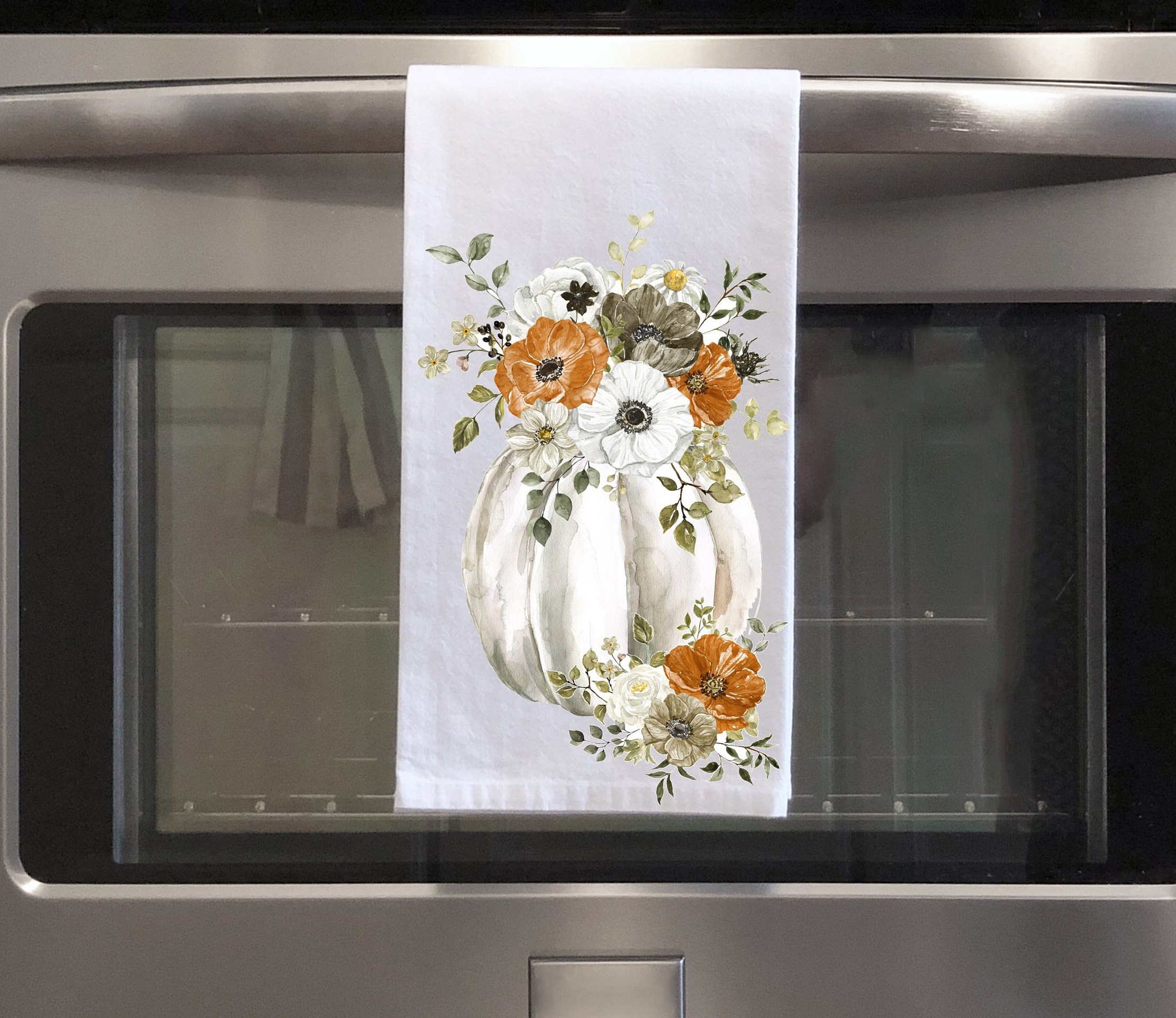 Fall Kitchen Towel, Hello Fall Tea Towel, Floral White Pumpkin Kitchen ...